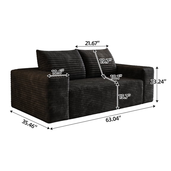Full Size Rustic Sofas, 63" 2Setaser Sofa,Corduroy Fabric,Deep Seat Couches,Comfy Loveseat Sofa,No Assembly,1pcs for Living room, Bedroom,Conference room ,Apartment,Black, Black Modern Sofas
