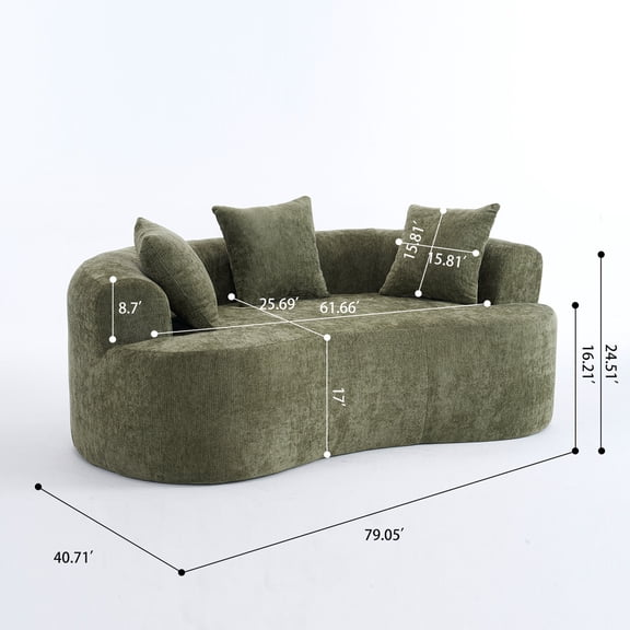 Full Size Rustic Sofas, Crescent-shaped sofa, modern low-back design with deep cushions, featuring a self-inflating foam-filled three-seater sofa that requires no assembly.(Green chenille fabric)