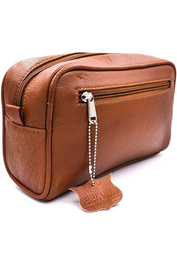 Full Size Saddle Brown Leather Toiletry Bag (Dopp Kit) from Parker Safety Razor