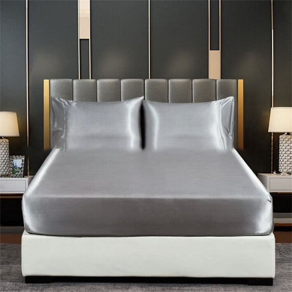 Full Size Satin Fitted Sheet, Soft and Breathable Deep Pockets Fitted Sheet Only, Wrinkle Free & Fade Resistant,Light Gray
