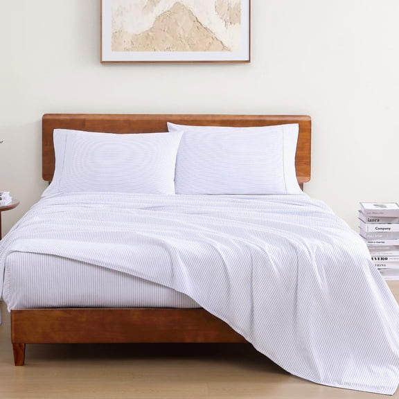 Full Size Sheet Set, 100% Organic Cotton, Low Pilling Fade Resistant, Naturally Cooling Printed Bedding, Blue Ticking Stripe