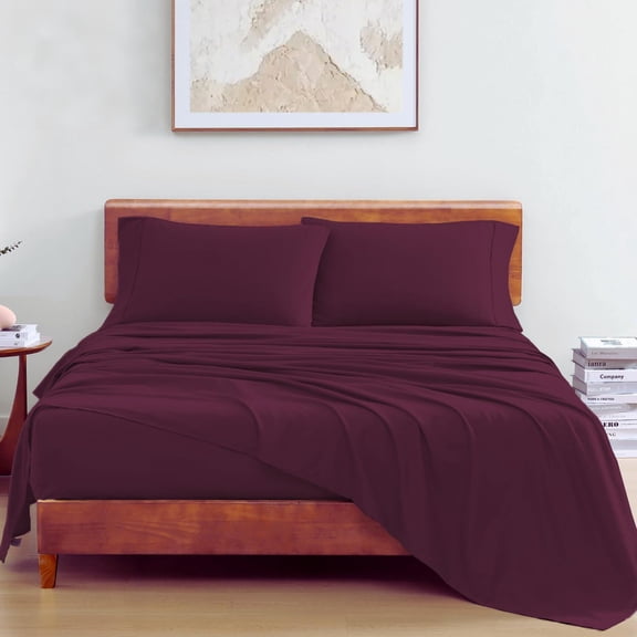 Full Size Sheet Set, 100% Organic Cotton, Soft Percale Weave, Fully Elasticized Bedding, Windsor Wine Color