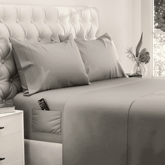 Full Size 4 Piece Microfiber Sheet Set with Deep Pocket Fitted Sheet, Soft Hotel Style Bedding, Embroidered Pillowcases and Convenient Side Storage Pocket