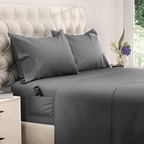 Full Size Sheet Set, Soft Microfiber 4 Piece Hotel Luxury Bed Sheets with Deep Pockets, Embroidered Pillow Case, Side Storage Pocket Fitted Sheet, Flat Sheet (Gray)