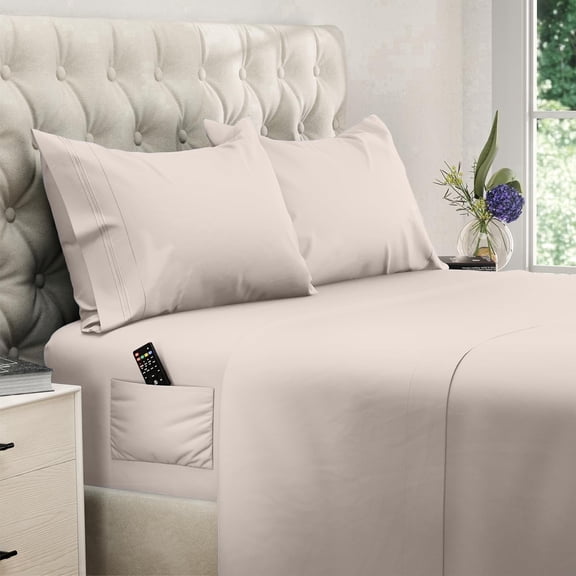 Naiade Full Size Sheet Set, Soft Microfiber 4 Piece Hotel Luxury Bed Sheets with Deep Pockets, Embroidered Pillow Case, Side Storage Pocket Fitted Sheet, Flat Sheet (Khaki)