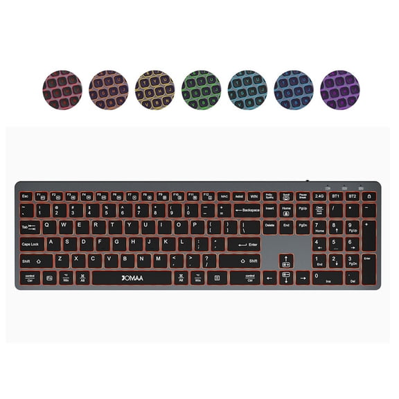 Full Size Silent Click Wireless Keyboard, RGB Backlit Rechargeable Bluetooth & USB Multi-Device Keyboard for Office, Compatible with Windows Mac iOS Android