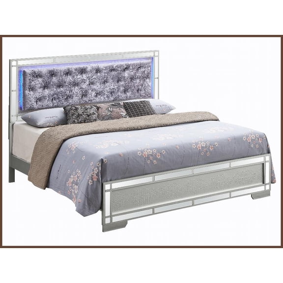 Full Size Silver Champagne Glam Platform Bed Frame - Real Wood Veneer, No Box Spring Required