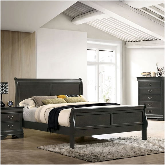 Full Size Sleigh Bed Frame with Platform, Gray Solid Wood Bed with Bracket Feet, Modern Bedroom Furniture