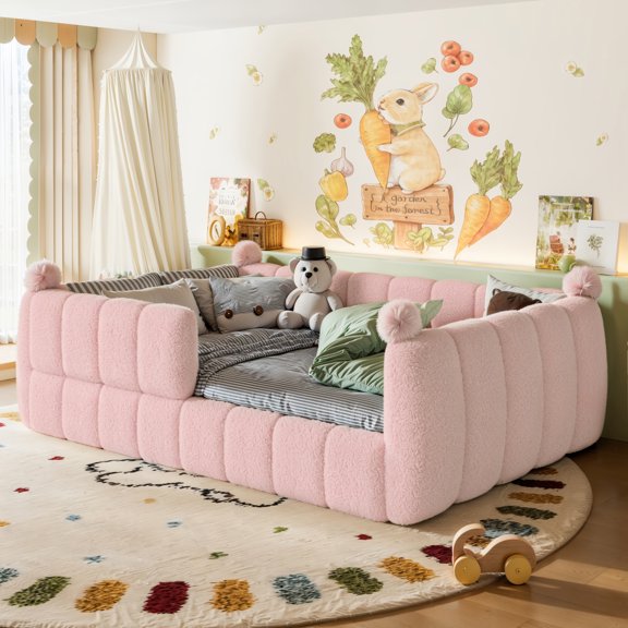 Full Size Soft Upholstered Floor Bed, Montessori Floor Bed with Full Surround Safety Rails, Low to Ground Bed Frame for Boys Girls, Pink