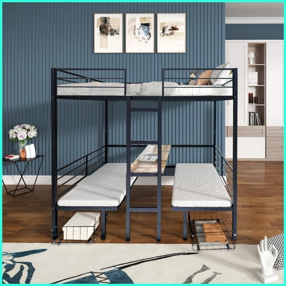 Full Size Solid Metal Loft Bed Transformable to Full Over Full Bunk with Built-in Table & Drawers for Bedroom