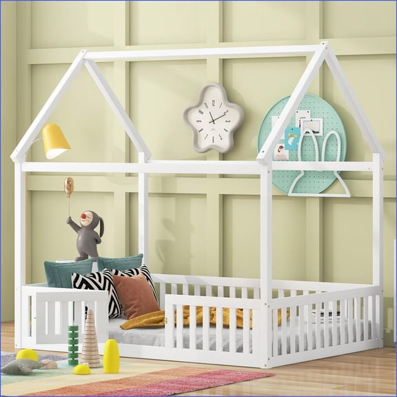 Full Size Solid Pine Wood House Platform Bed with Fence & Door, White  Sturdy Frame for Bedroom