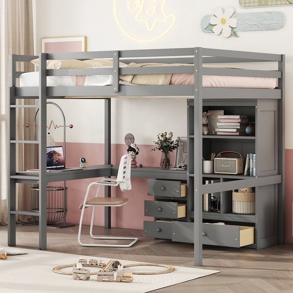 Full Size Solid and Stable Loft Wood Bed with Desk, Storage Shelves and Drawers, Built-In Ladder, High Loft Bed with Desk, Storage Shelves and Drawers,Guardrails (Grey)