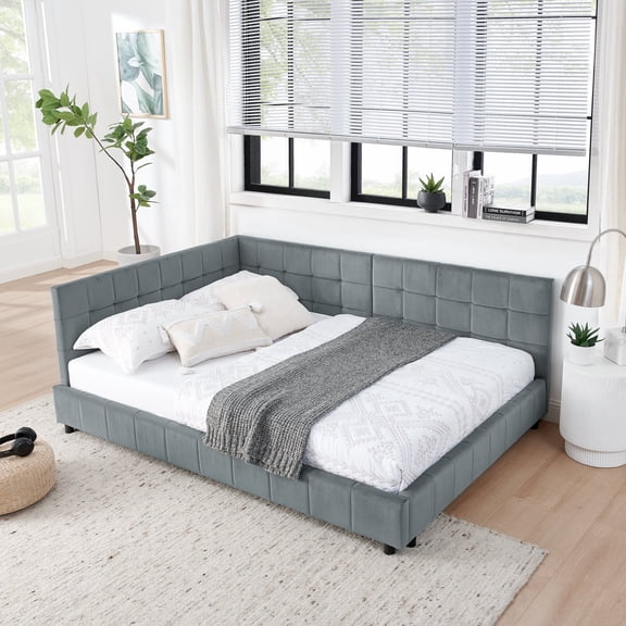 Full Size Solid and Stable Upholstered Tufted Bed Frame, Sofa Bed Frame with Comfortable Backrest and Armrests, Full Size Bed for Bedroom, Living Room,Velvet (80,5''*59''*30,5'') (Grey)
