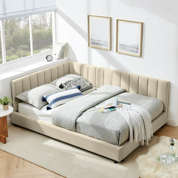 Full Size Solid and Stable Upholstered Tufted Bed Frame, Sofa Bed Frame with Comfortable Backrest and Armrests, Full Size Bed for Bedroom, Living Room,Velvet (81''*60''*29,5'') (Beige)