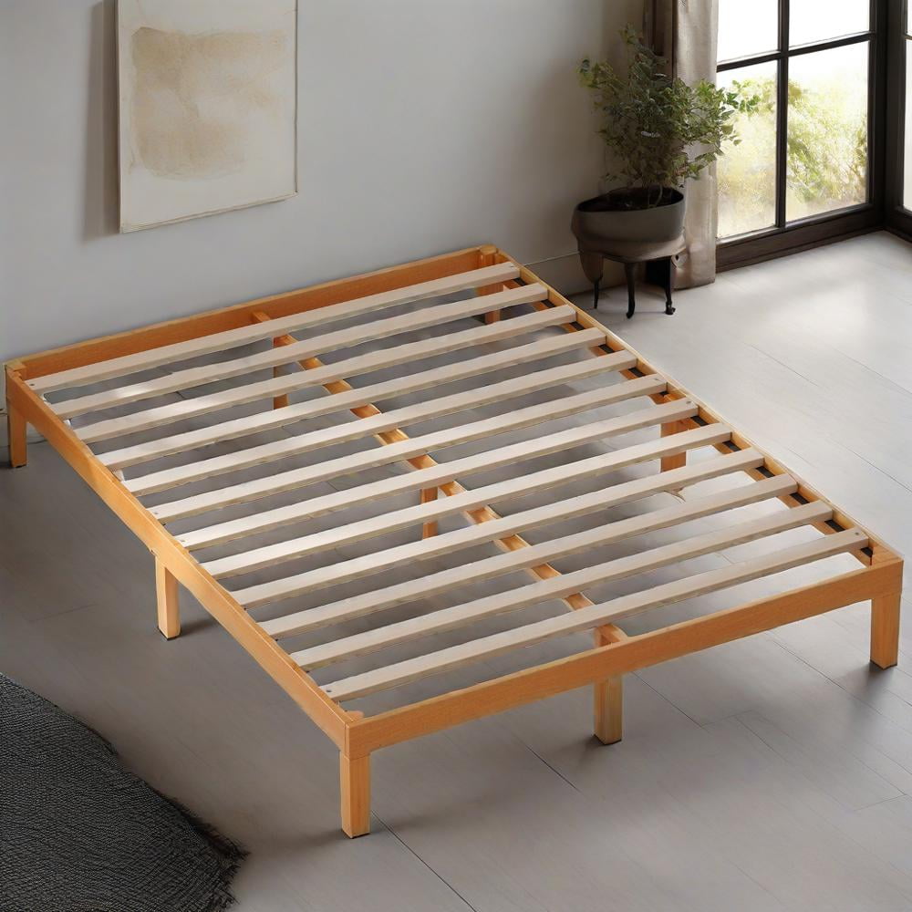 Full Size Solid Wood Bed Frame, Bed Base with Wood Slat Support, No Box Spring Needed