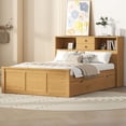 thumbnail image 1 of Full Size Solid Wood Bed Frame with Twin Size Trundle, 3 Drawers, Upper Shelves and a set of USB Ports & Sockets, Platform Bed Frame, Mid Century Bedframe, Wood Foundation(Natural, Full), 1 of 9