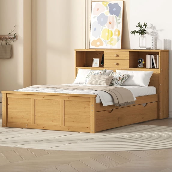 Full Size Solid Wood Bed Frame with Twin Size Trundle, 3 Drawers, Upper Shelves and a set of USB Ports & Sockets, Platform Bed Frame, Mid Century Bedframe, Wood Foundation(Natural, Full)