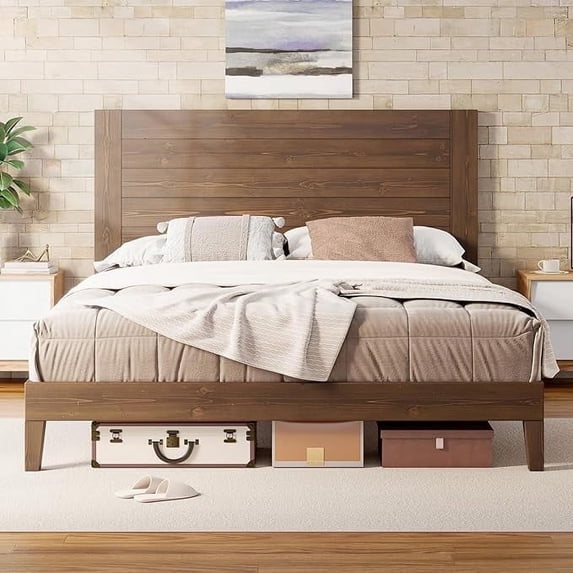 VanAcc Full Size Solid Wood Bed Frame with 48.6" Headboard, Mid-Century Platform Bed Frame, Dark Brown