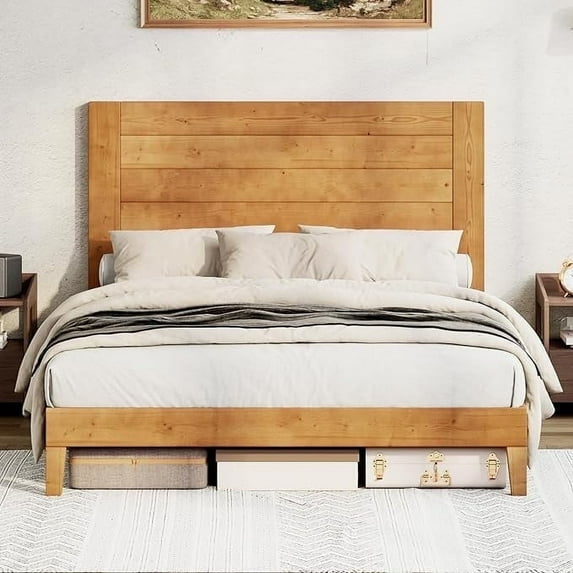 VanAcc Full Size Solid Wood Bed Frame with 48.6" Headboard, Mid-Century Platform Bed Frame, Light Brown