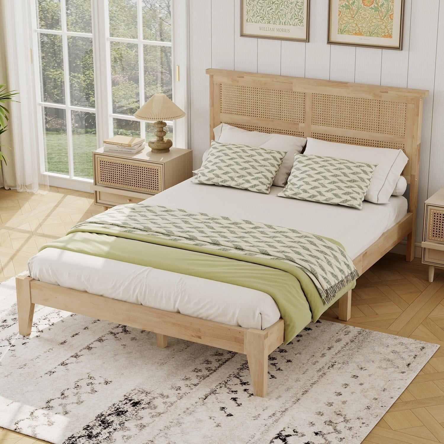 Full Size Solid Wood Bed with Rattan Headboard, Rubber Wood Bed Frame with Central Support Beams and 8 Inch Underbed Storage for Bedroom, Natural, 78.7x57.3x40.8 Inch