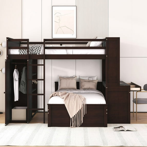 Full Size Solid Wood High Loft Bed with a Twin Size Stand-alone Bed, Shelves, Desk and Wardrobe, Thickened Wooden Higher Quality Loft Bed with Storage