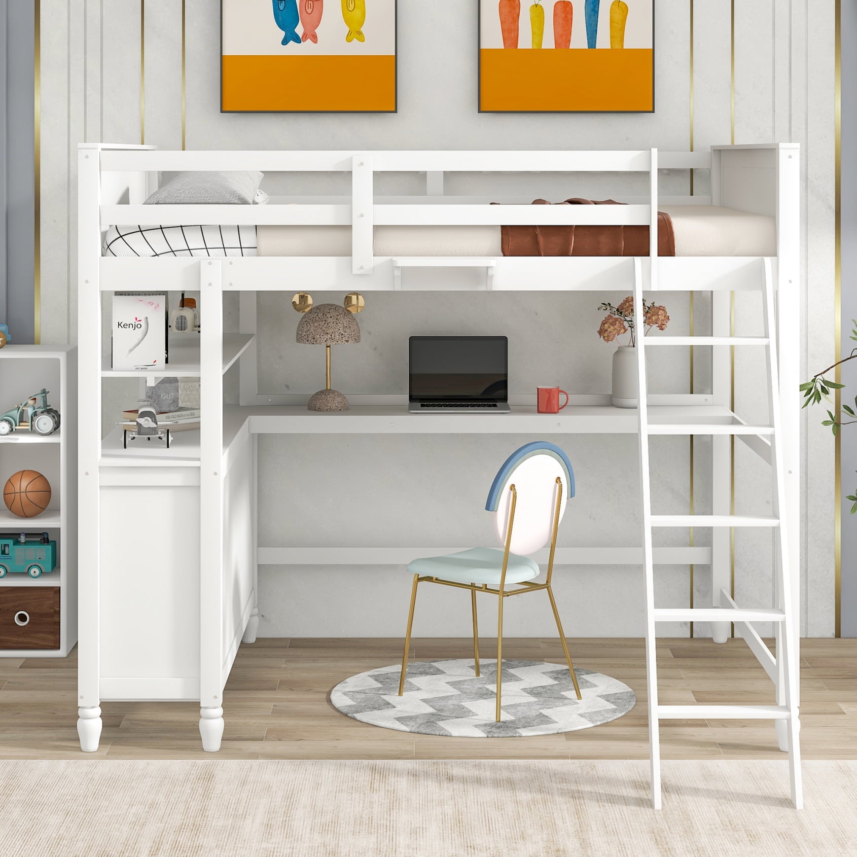 Full Size Solid Wood Loft Bed Frame with Desk Storage Shelf Drawers ...