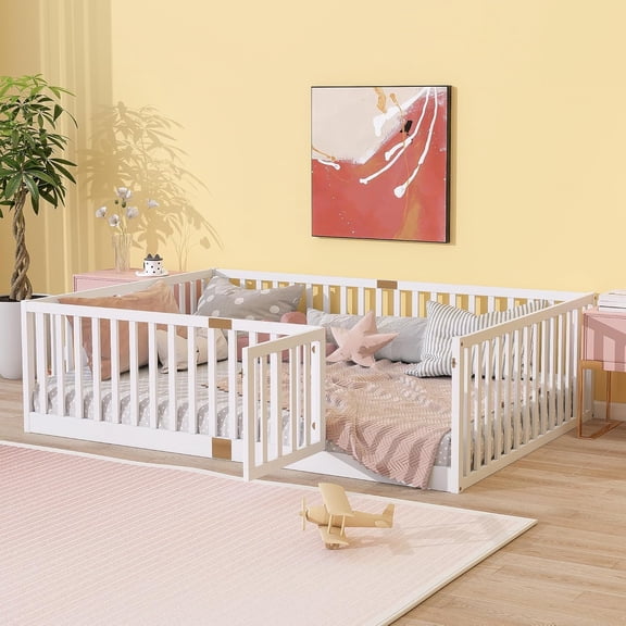 Full Size Solid Wood Montessori Floor Bed Frame with High Rails, Slats, and Door, Low Profile with Guardrails, White