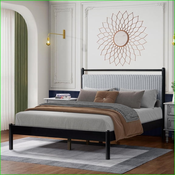 Full Size Solid Wood Platform Bed Frame with Soft Grey Headboard - 800LBS Load, Silent Slats, Black Frame for Master/Guest Bedroom