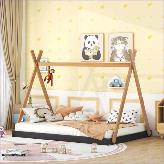 Full Size Solid Wood Platform Bed with Triangle Structure, No Box Spring Needed, Black+Brown