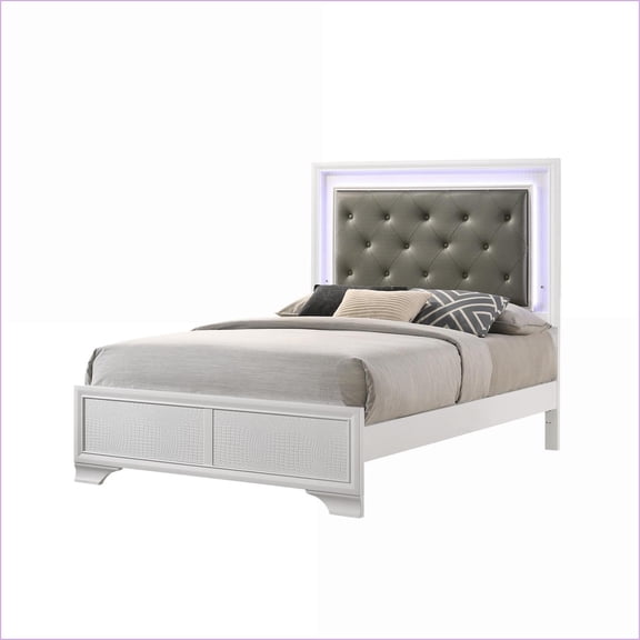 Full Size Solid Wood Upholstered LED Panel Bed - White Faux Diamond Tufted Crocodile Finish for Glam Master Bedroom