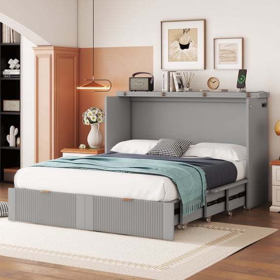 Full Size Solid and Stable Murphy Bed with Drawer and a Set of Sockets & USB Ports, Pulley Structure Design (Gray)