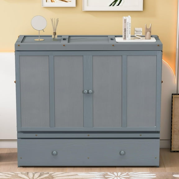 Full Size Solid and Stable Murphy Bed with USB Port and a Large Drawer (Gray)