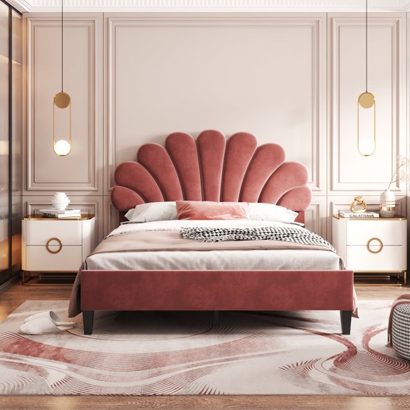 Full Size Solid and Stable Upholstered Platform Bed with Flower Pattern Velvet Headboard(Bean Paste Red)