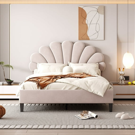 Full Size Solid and Stable Upholstered Platform Bed with Flower Pattern Velvet Headboard(Beige)