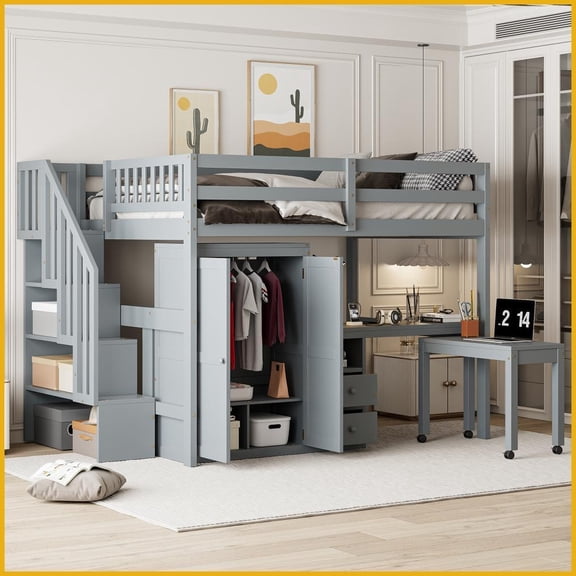 Full Size Space-Saving Pinewood Loft Bed with Storage & Desk - Gray Multifunctional Furniture for Teens