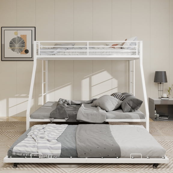 Full Size Square Tube Bunk Bed with Ladder and Rolling Trundle, Bunk Bed Frame with Guardrail, Modern Minimalist Look Bed Frame for Home Dormitory Guest Room, White