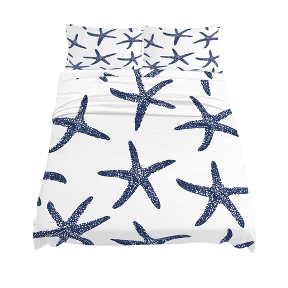 Full Size Starfish Sheet Sets Ocean Coastal Blue Soft Breathable Microfiber Bed Sheets Deep Pockets 4 Piece Bed Sheets Set, 1 Fitted Sheet, 1 Flat Sheet & 2 Pillowcases