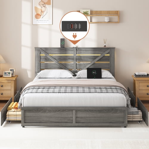 Full Size Storage Bed Frame with 4 Drawers and LED Lighting, Anti-Slip Metal Slat Platform with Barn Door Style Headboard, No Box Spring Needed, Antique Gray