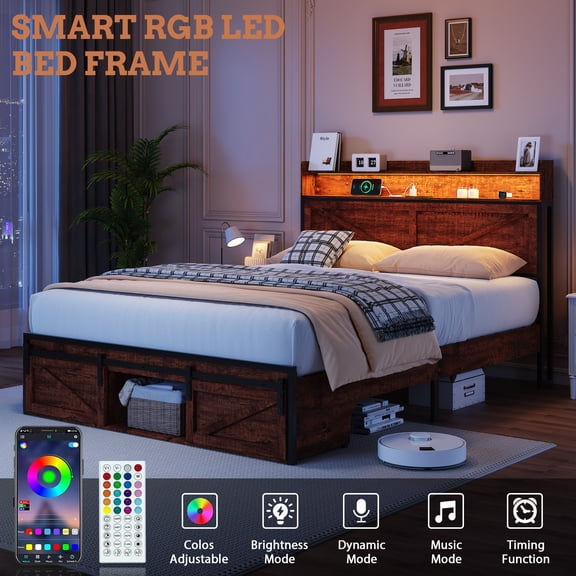 Full Size Storage Bed Frame with Headboard and Footboard Drawers, Brown MDF/Metal Frame, Integrated LED Lights and Charging Station, Anti-Slip Mattress Platform, No Box Spring Needed