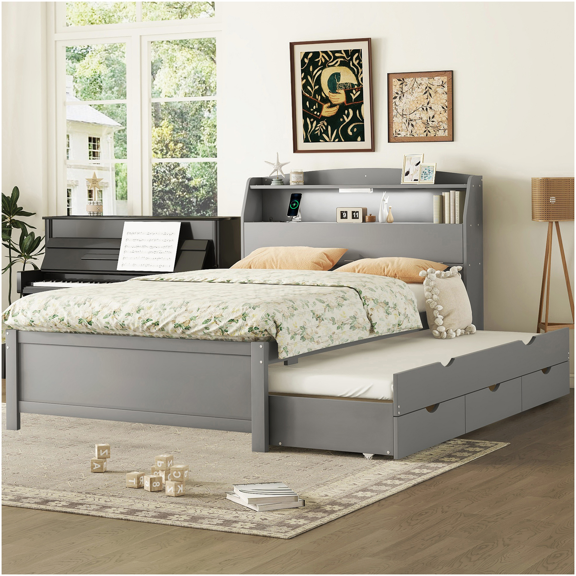 Full Size Storage Bed Frame with LED Headboard and Trundle, USB ...