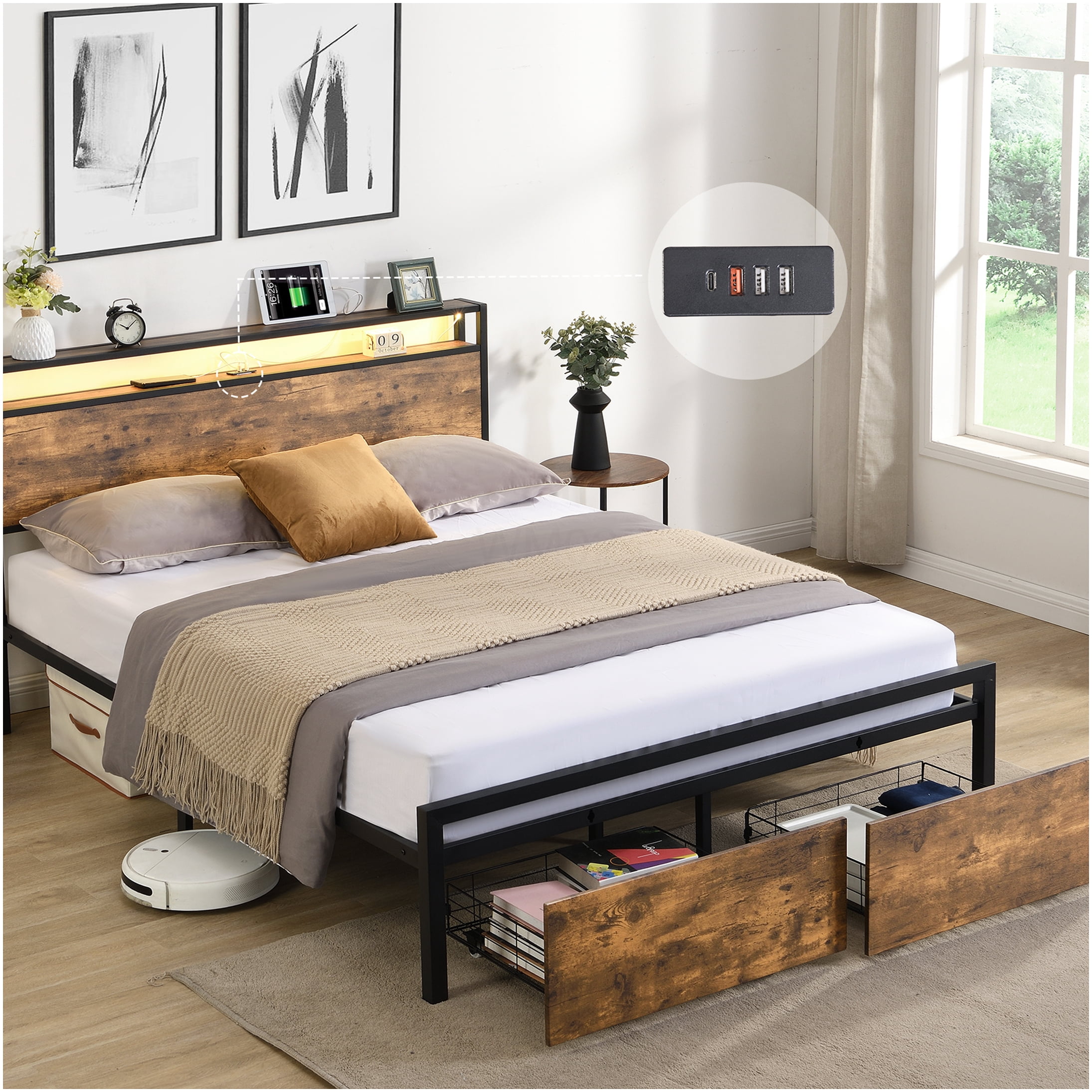 Full Size Storage Bed Frame with RGB LED Headboard and USB Charging ...