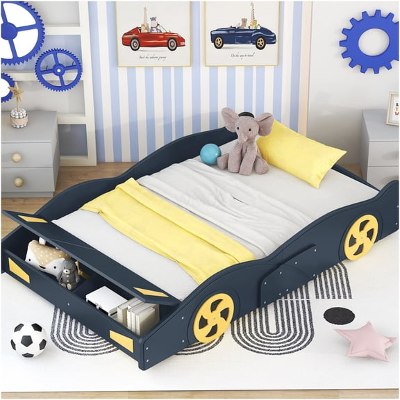 Full Size Storage Bed Frame with Wheels, Dark Blue Wood Platform Bed with Safety Rails, No Box Spring Needed