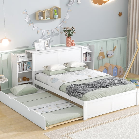 Full Size Storage Bed With Pull Out Shelves And Twin Trundle In White - Wood Construction For A Stylish Sleep Space Platform Strong Solid Peaceful Bedroom