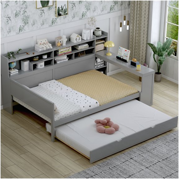 Full Size Storage Daybed with Study Desk and Pull Out Trundle, Wood Frame Bed for Space Saving