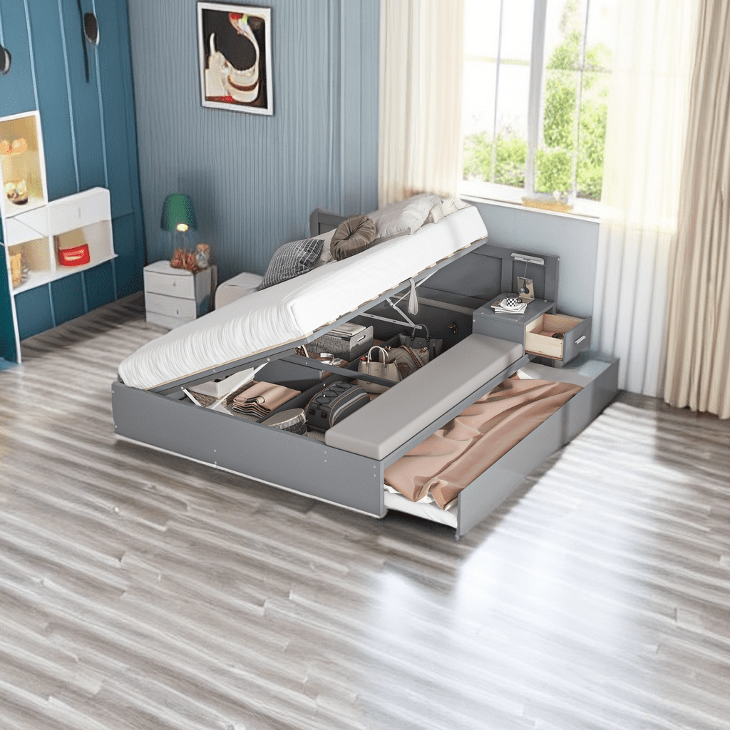 Full Size Storage Hydraulic Platform Bed with Twin Size Trundle/Side ...