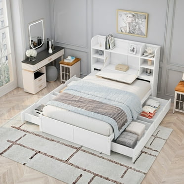 Full Size Storage Platform Bed with Storage Headboard & 4 Drawers, Storage with Multi-tier Bedside Storage Shelves, Solid Wood Bed Frame with Slats Support, No Box Spring Needed, White