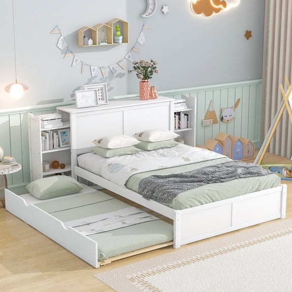 Full Size Storage Platform Bed With Twin Trundle, White - Build For A Relaxing Bedroom Spot Trundle And Pull Out Shelves, Wood Construction Graceful