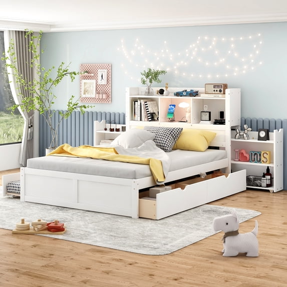 Full Size Storage Platform Bed with Pull Out Shelves and Twin Size Trundle, White