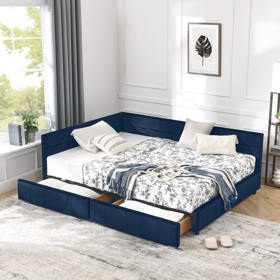 Full Size Storage Upholstered Tufted Bed Frame, Sofa Bed Frame with Comfortable Backrest and Armrests, Full Size Bed for Bedroom, Living Room,Velvet, DARK BLUE(80.5''*59''*29.5'')