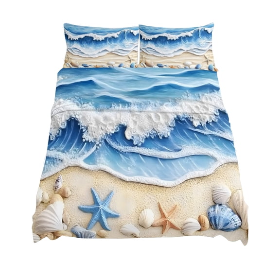 Full Size Summer Beach Sheet Sets Seashell Starfish Nautical Coastal Soft Breathable Microfiber Bed Sheets Deep Pockets 4 Piece Bed Sheets Set, 1 Fitted Sheet, 1 Flat Sheet & 2 Pillowcases